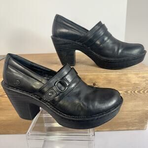 Born HADDON Leather Heeled Platform Clog SZ 8.5 Chunky Harness Buckle Shoes Chic
